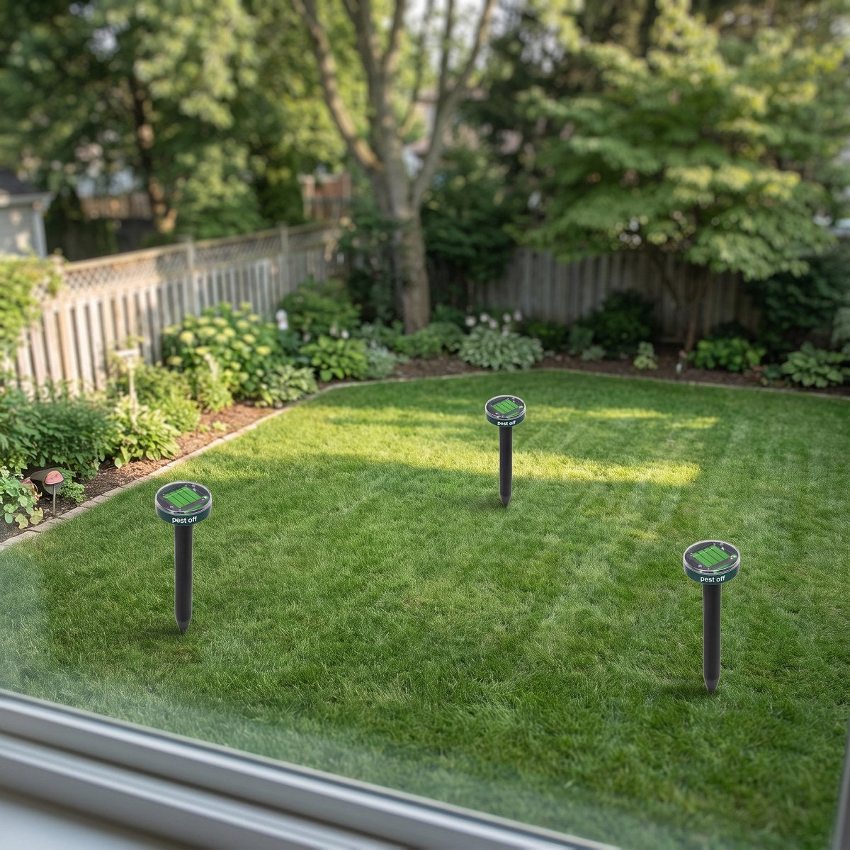 Three stakes spaced evenly across a back lawn