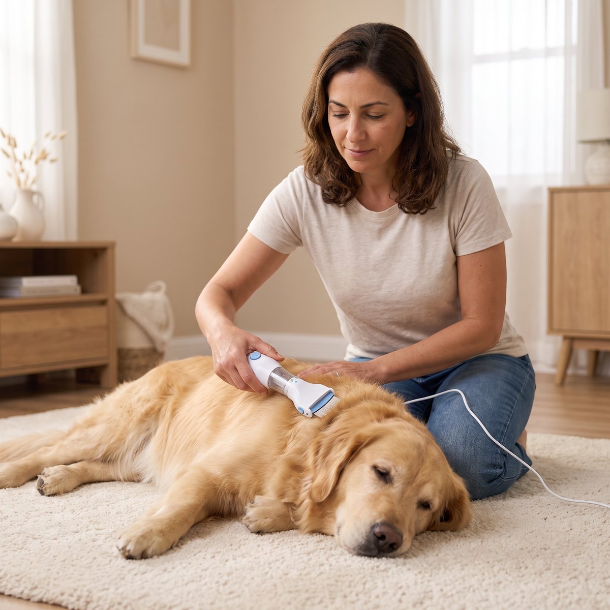 A woman combing a relaxed golden retriever on the rug