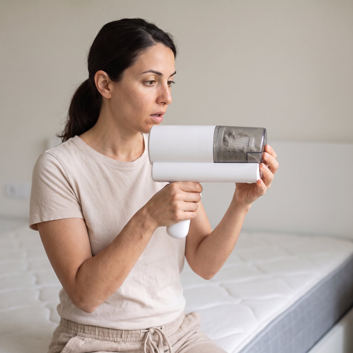 A woman looking at the full clear dust cup after cleaning