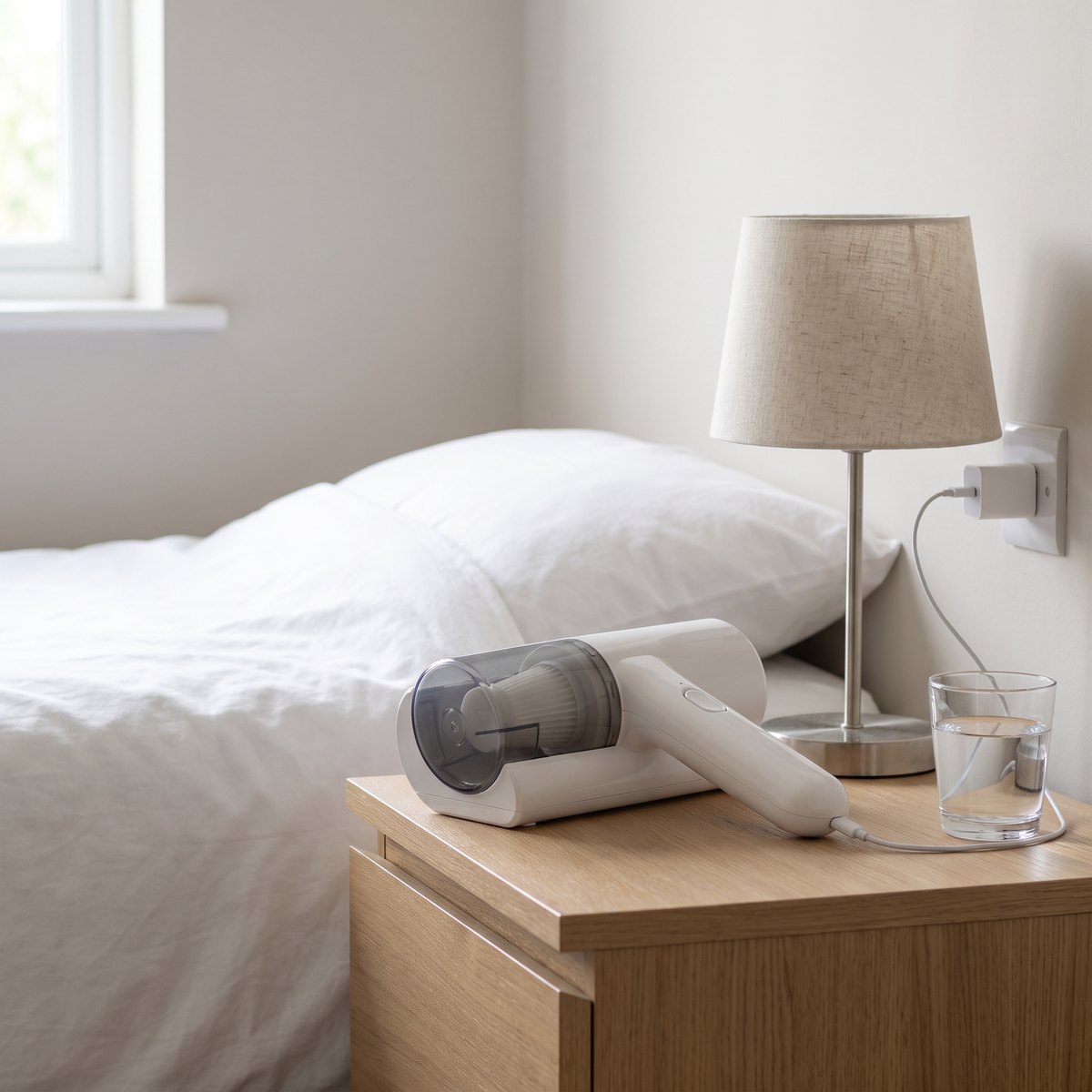 The vacuum charging on a nightstand next to the bed
