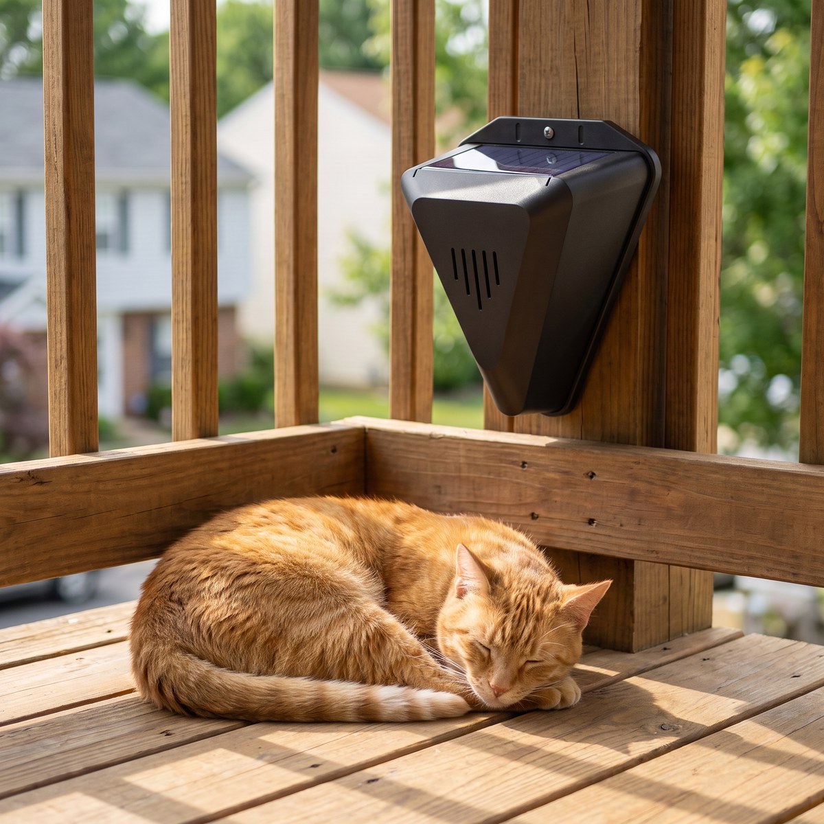 A cat asleep on a clean balcony with the unit on the railing behind