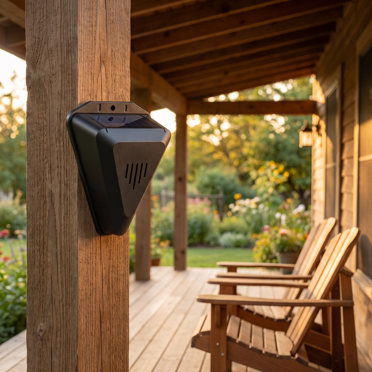 Mounted discreetly on a porch beam