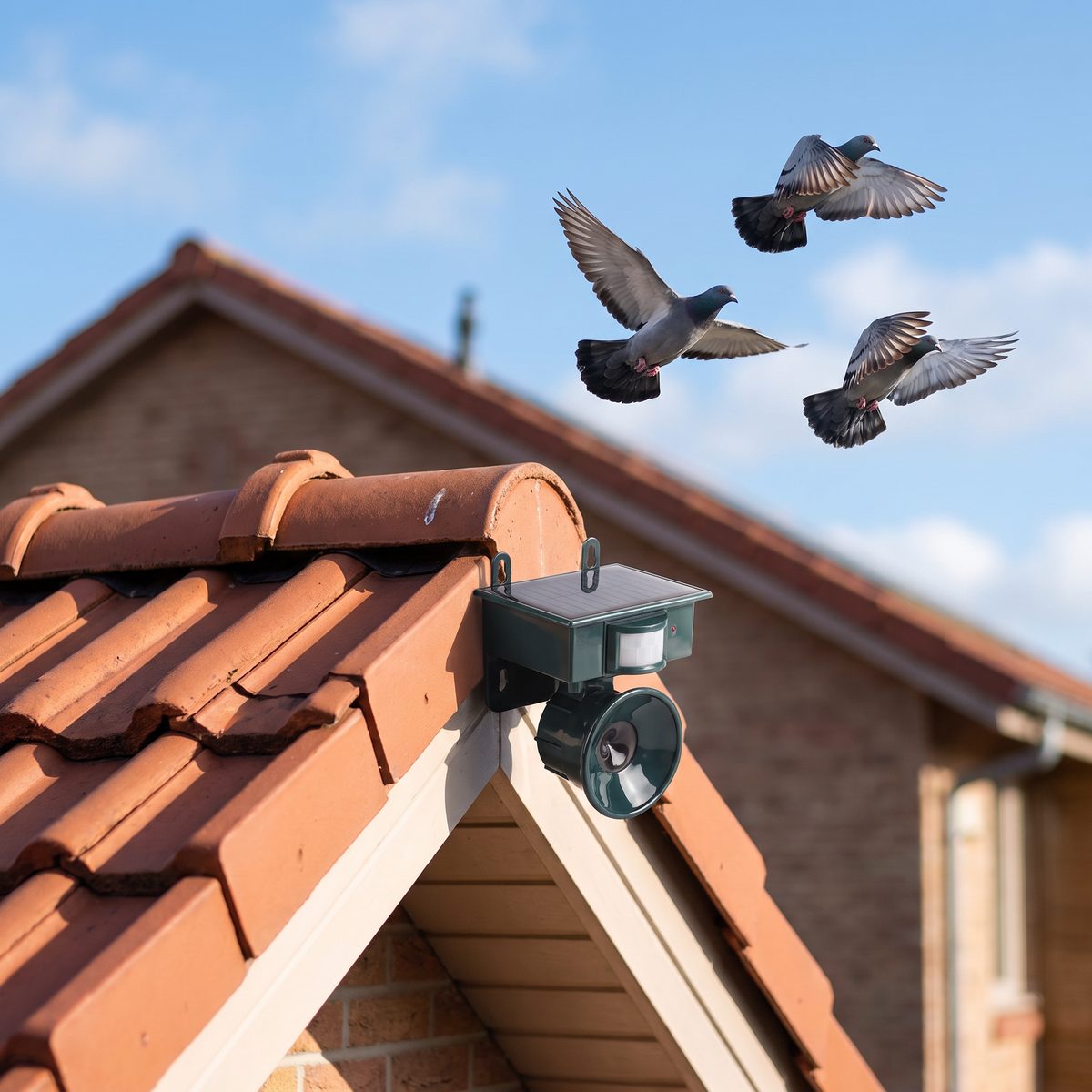Mounted at a roof edge as pigeons lift off the tiles
