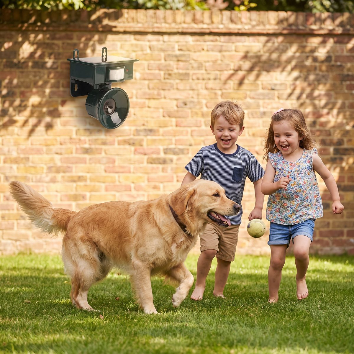 Children and a dog playing on a lawn with the unit mounted on the wall behind them