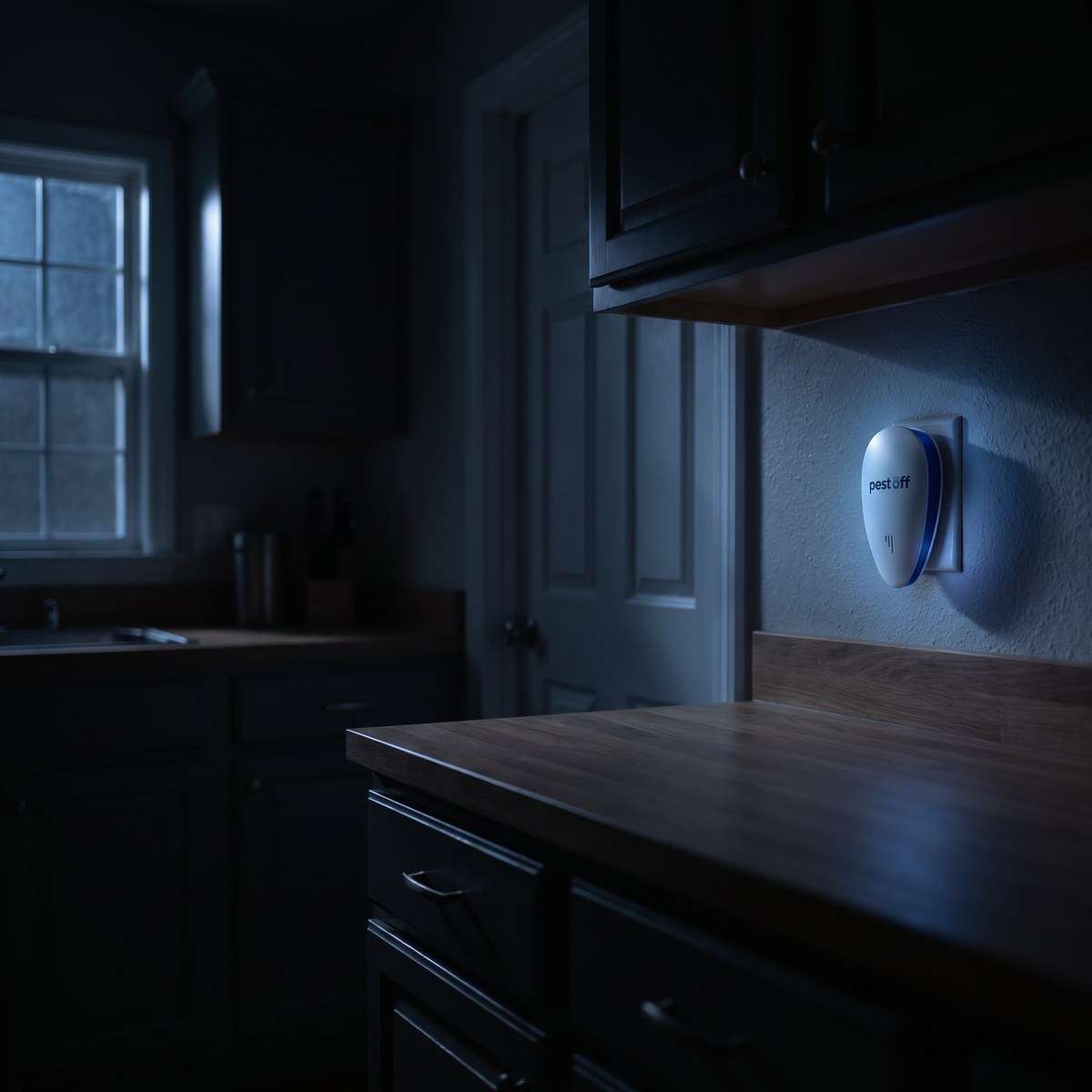 PestOff plugged in and running in a dark kitchen at night