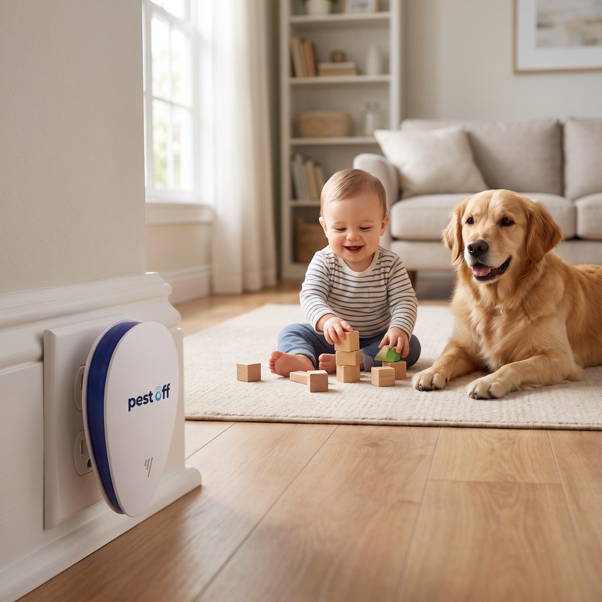 Baby and dog playing on a clear floor with PestOff plugged into the wall