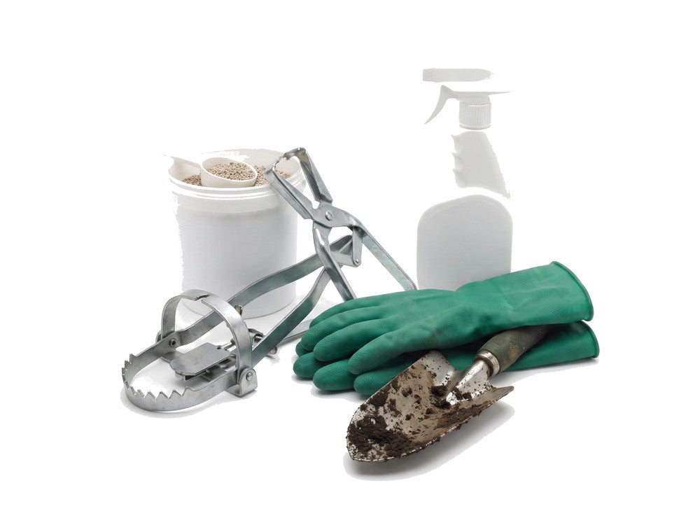 Mole traps, repellent granules, spray and gardening gloves