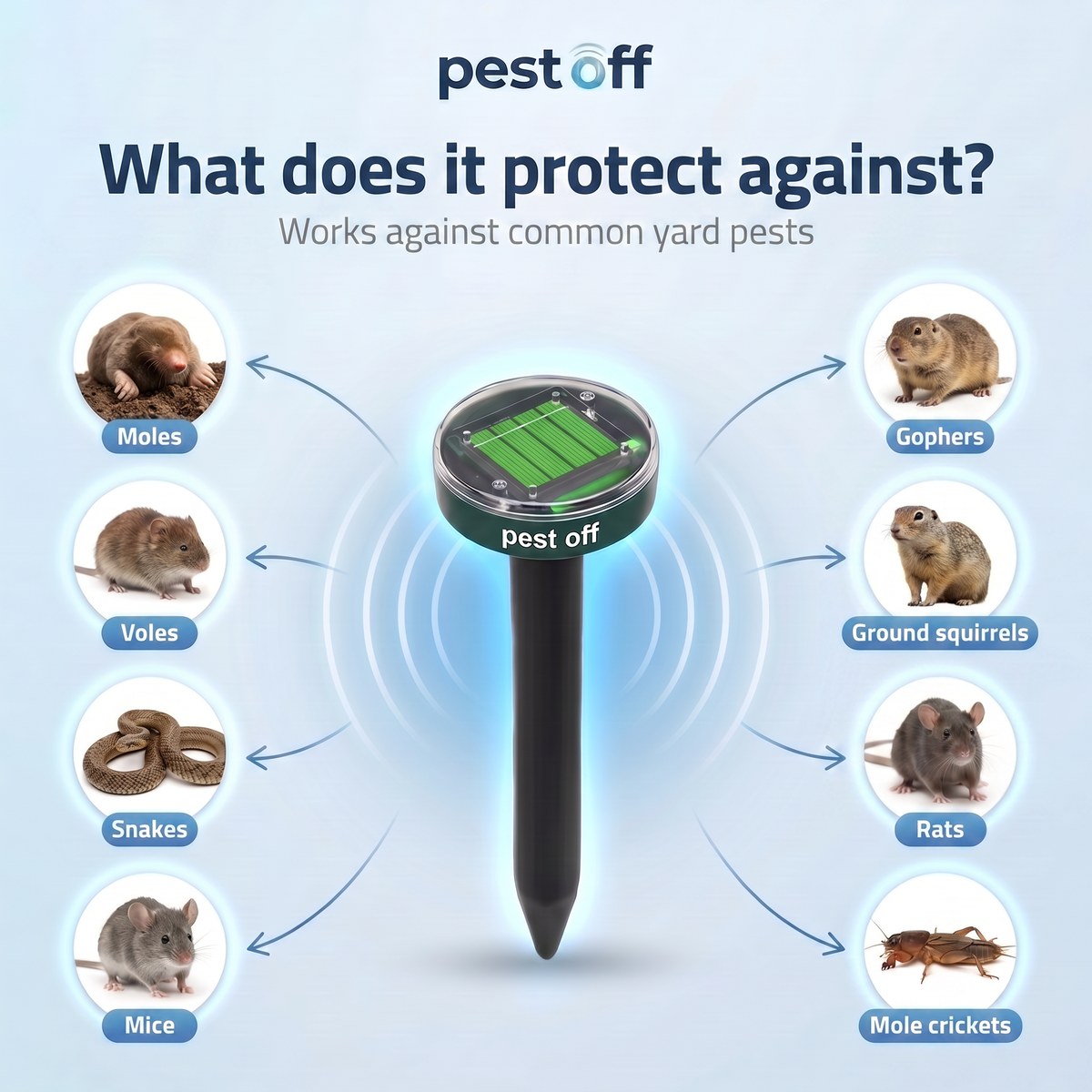 What the PestOff garden stake is used for: moles, voles, snakes, mice, gophers, ground squirrels, rats and mole crickets