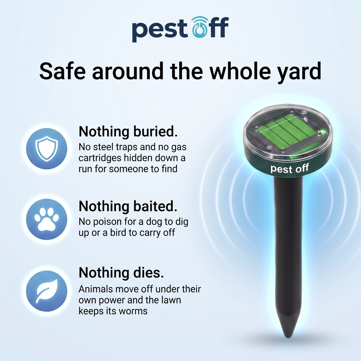 Safe around the whole yard: nothing buried, nothing baited, nothing dies