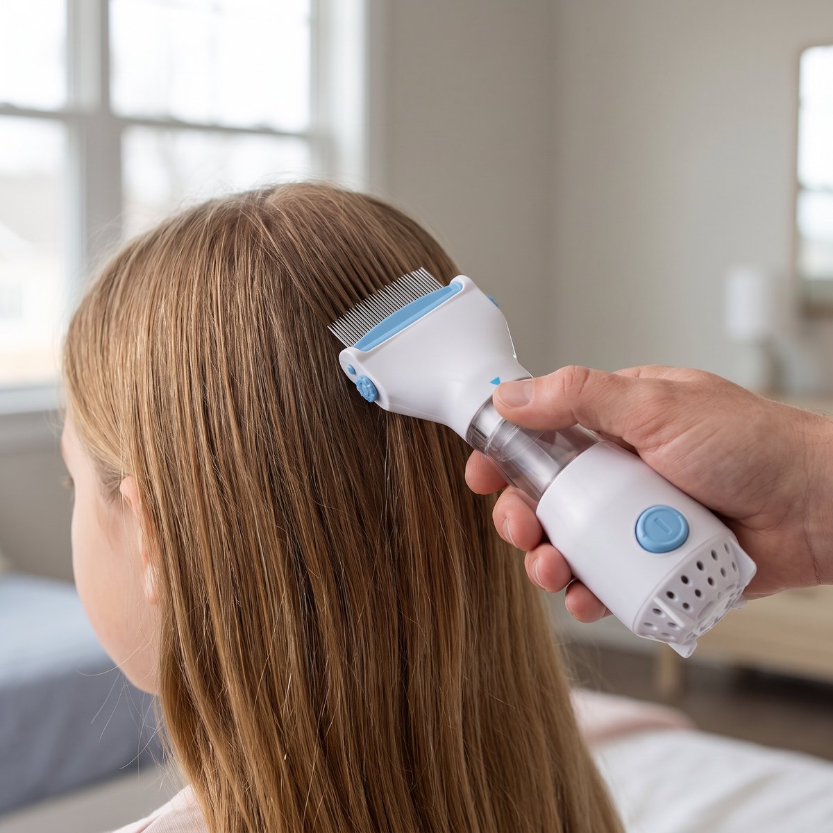 The electric comb moving through long hair close to the scalp