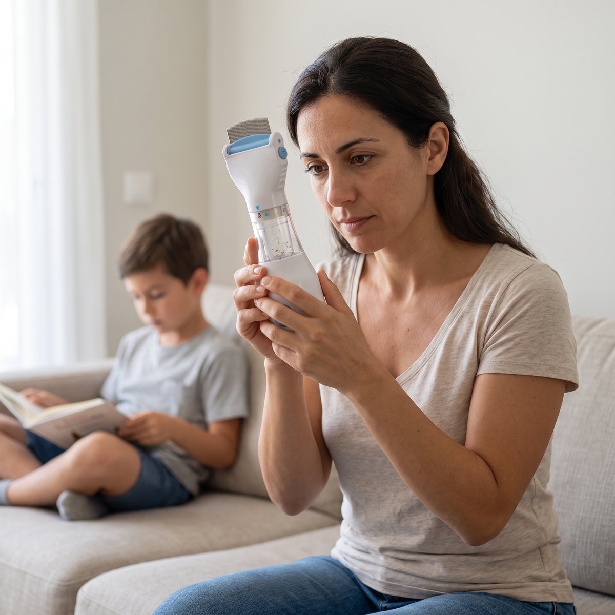 A mother checking the comb's clear chamber while her son reads on the couch