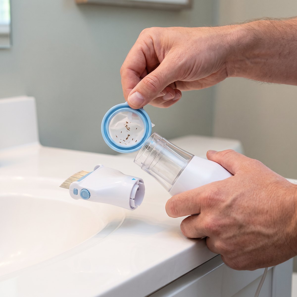 Lifting the used filter out of the comb's chamber over the sink