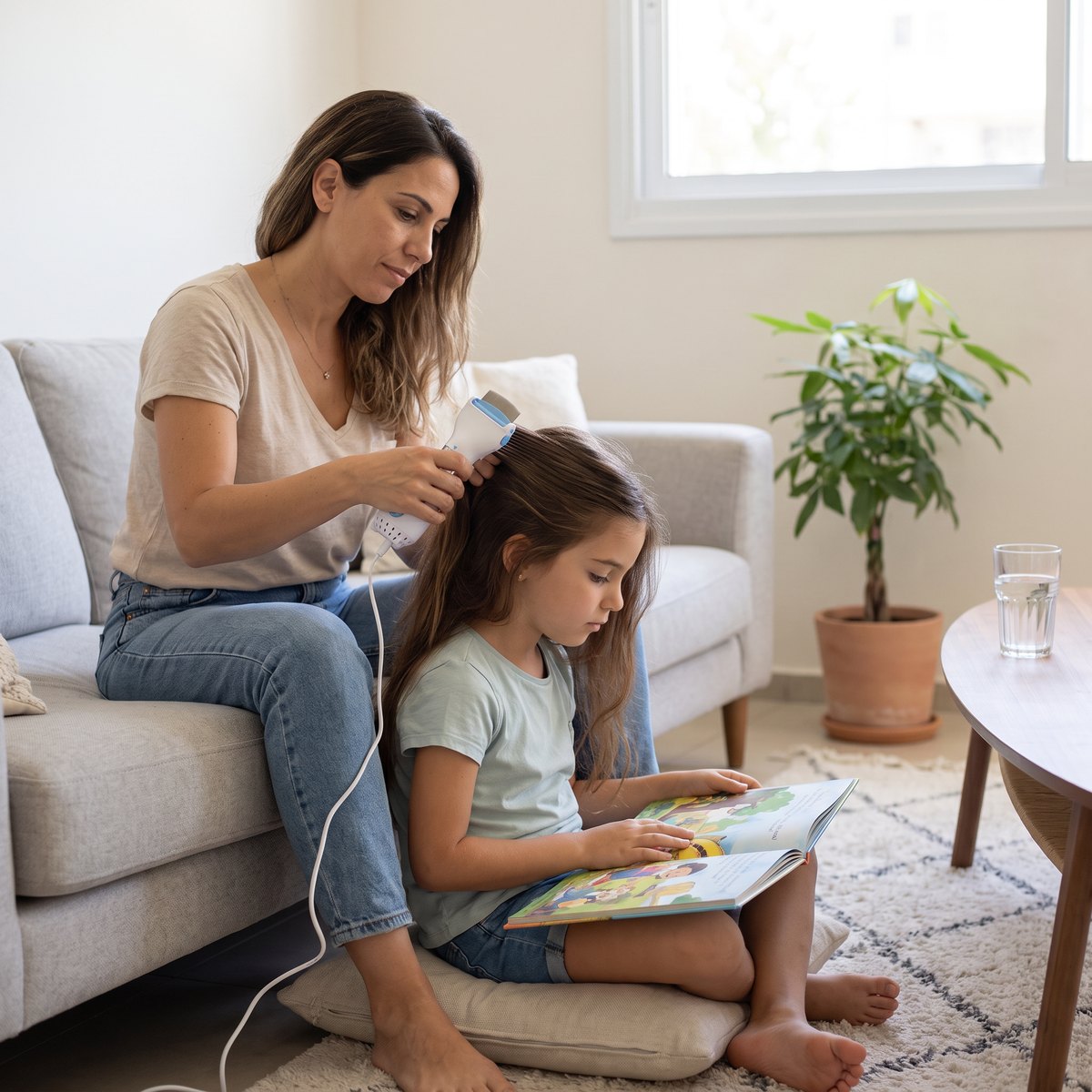 A mother combing her daughter's hair on the couch while she reads