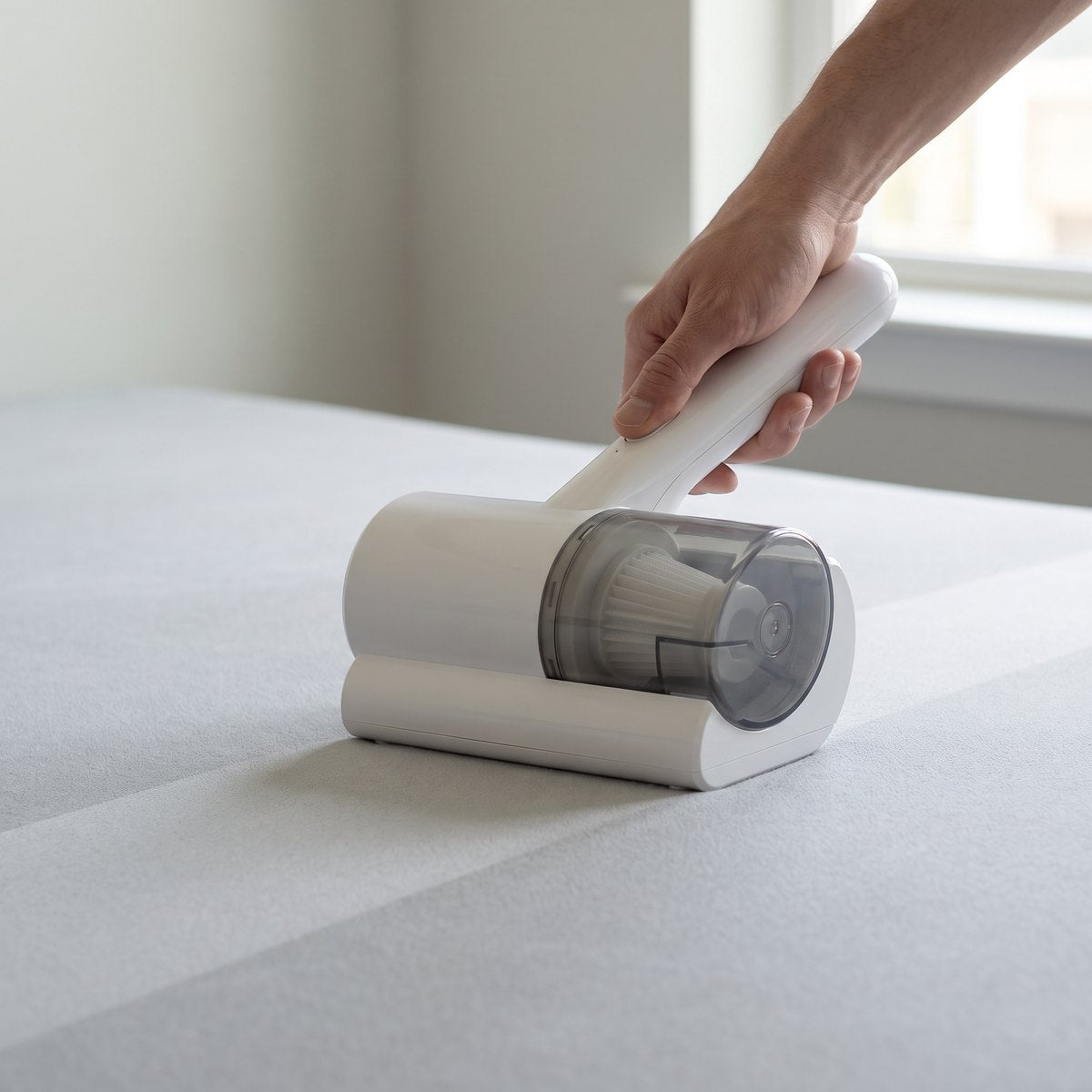 A hand gliding the vacuum across a bare mattress