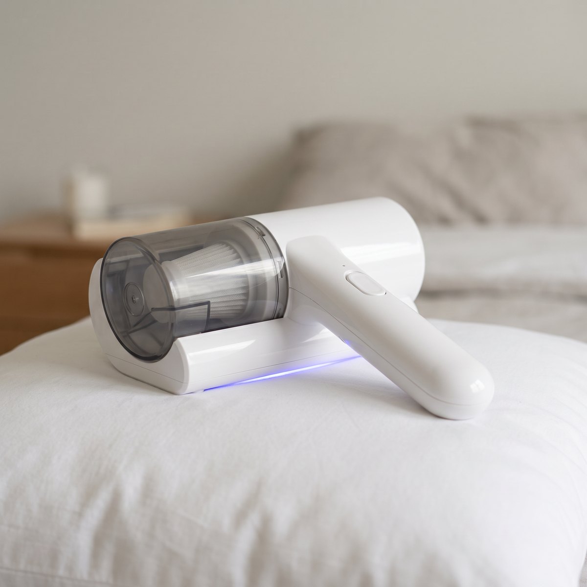 The vacuum resting on a made bed with its UV light on underneath