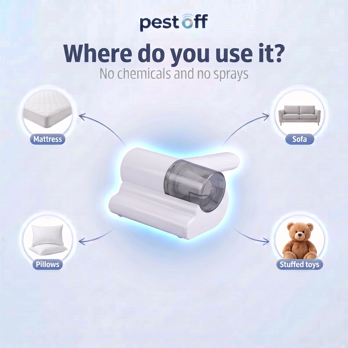 Where to use it: mattress, sofa, pillows and stuffed toys
