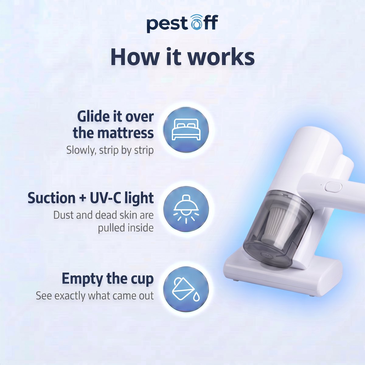 How it works: glide it over the mattress, suction and UV-C light, empty the cup