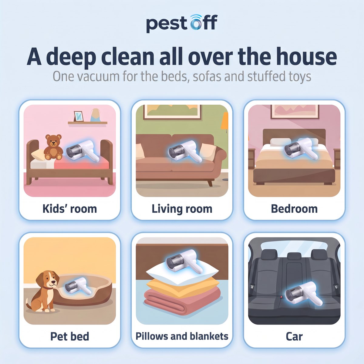 One vacuum for the kids' room, living room, bedroom, pet bed, pillows and the car