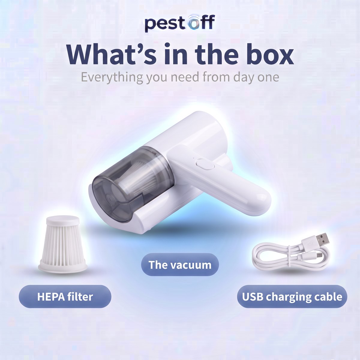 In the box: the vacuum, a HEPA filter and a USB charging cable