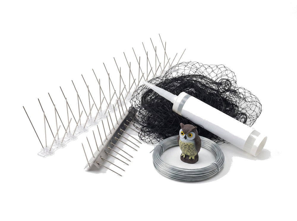 Bird spikes, netting, repellent gel and a plastic scare owl