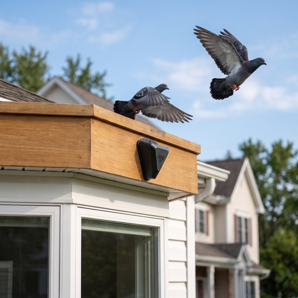 Mounted on a window ledge as pigeons fly away
