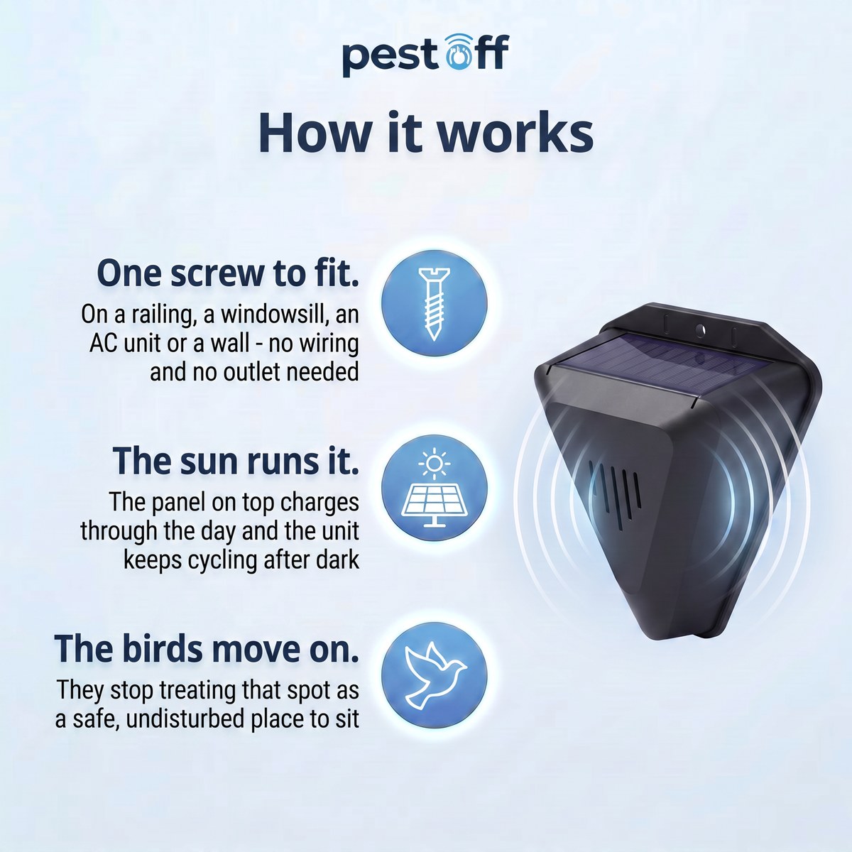 How it works: one screw to fit, the sun runs it, the birds move on