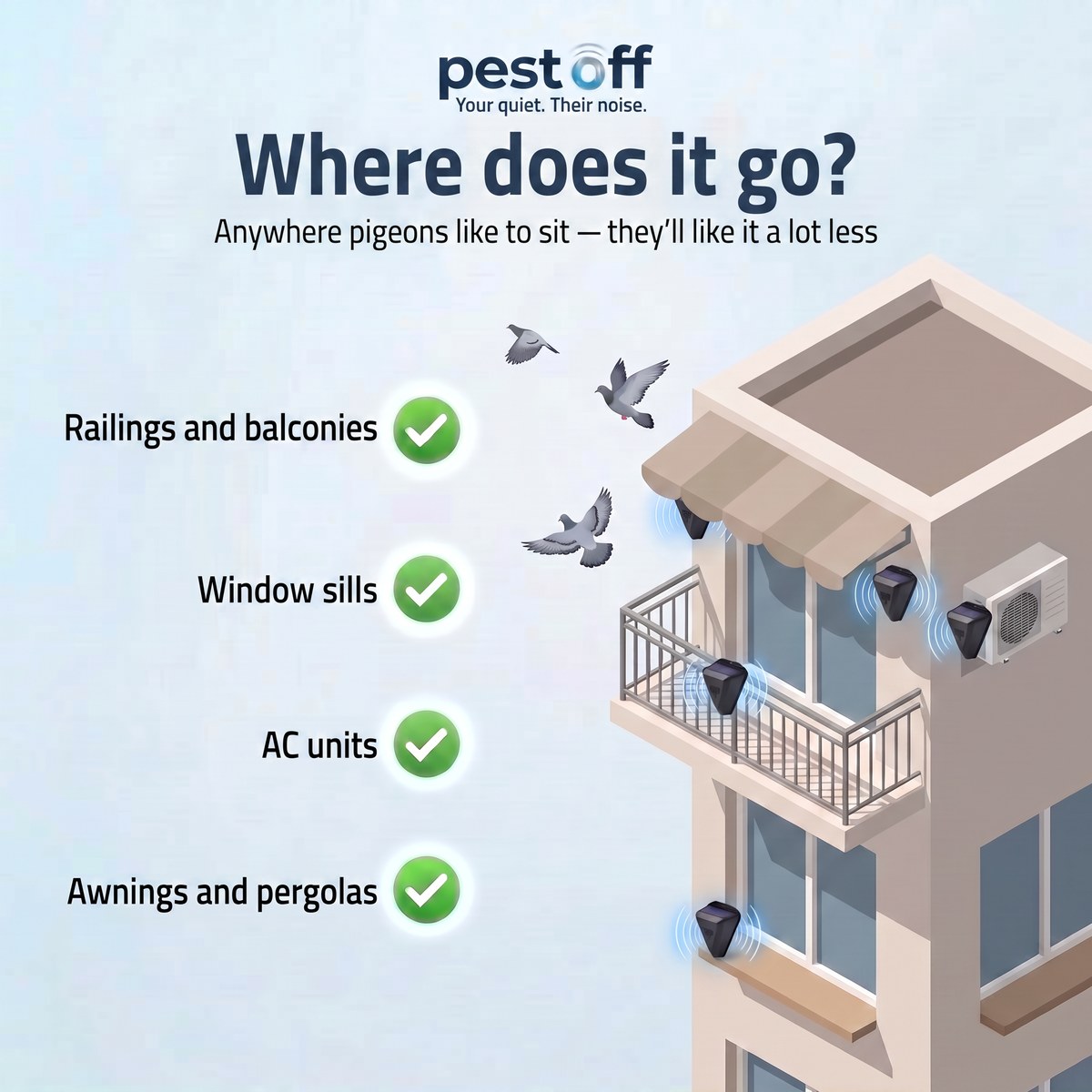 Where it goes: railings and balconies, window sills, AC units, awnings and pergolas