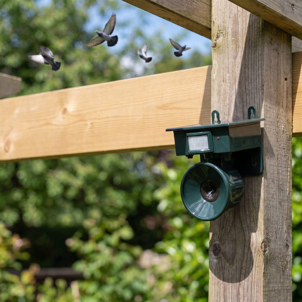 Bracketed to a pergola beam as pigeons fly off over the garden