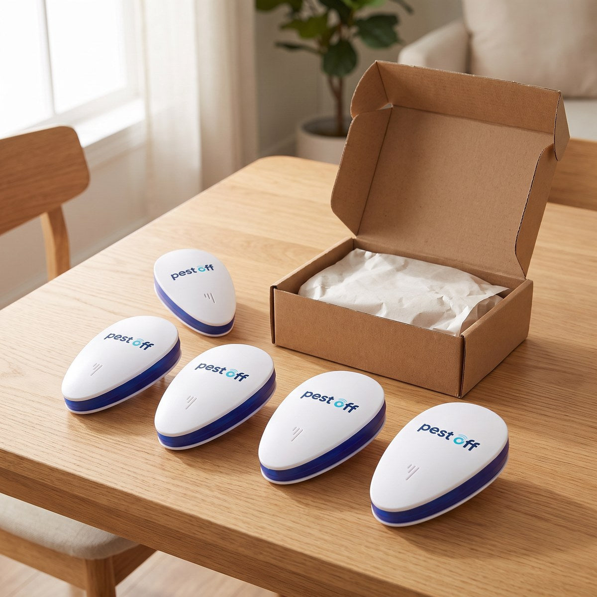 A multi-pack of PestOff units unboxed on a table